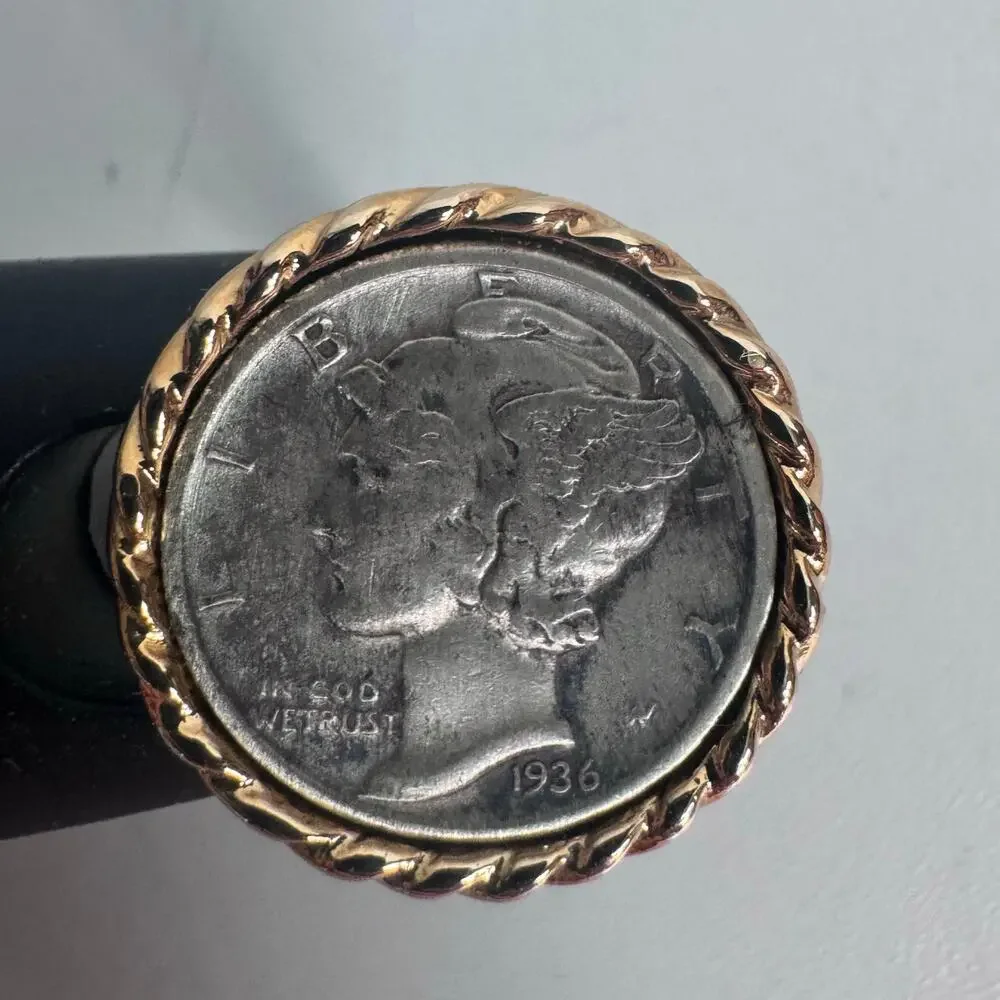 Vintage Pair Of Silver Mercury Dime Cuff Links 1936 & 1943 in Gold w/ Tie Clip